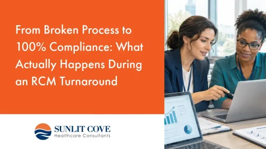 Two women sit at a desk with documents and a laptop, discussing data charts; text about RCM turnaround processes appears on the image.