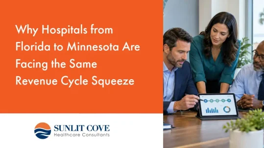 Three professionals review a tablet displaying a graph, seated at a table. Text discusses hospitals nationwide facing similar revenue cycle challenges. Sunlit Cove Healthcare Consultants logo shown.